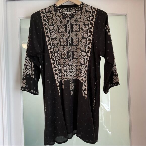 Johnny Was Biya 100% Silk Tunic Top Black & Jade Print w/pockets! - Picture 2 of 11